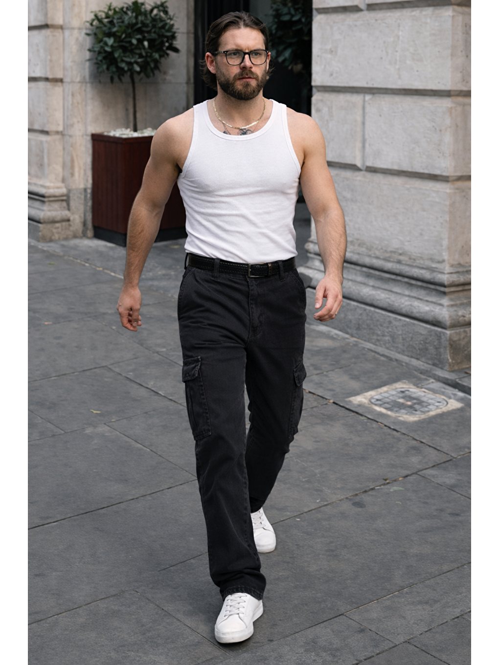 Gri Erkek Günlük Kargo Cep Füme Baggy Pantolon-3