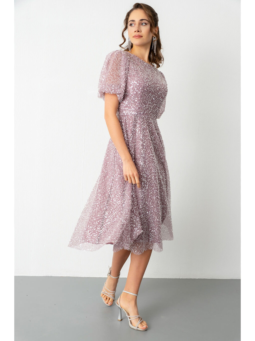 Pembe Kadın Pudra Balon Kol Pul Payet Midi Abiye Elbise-1