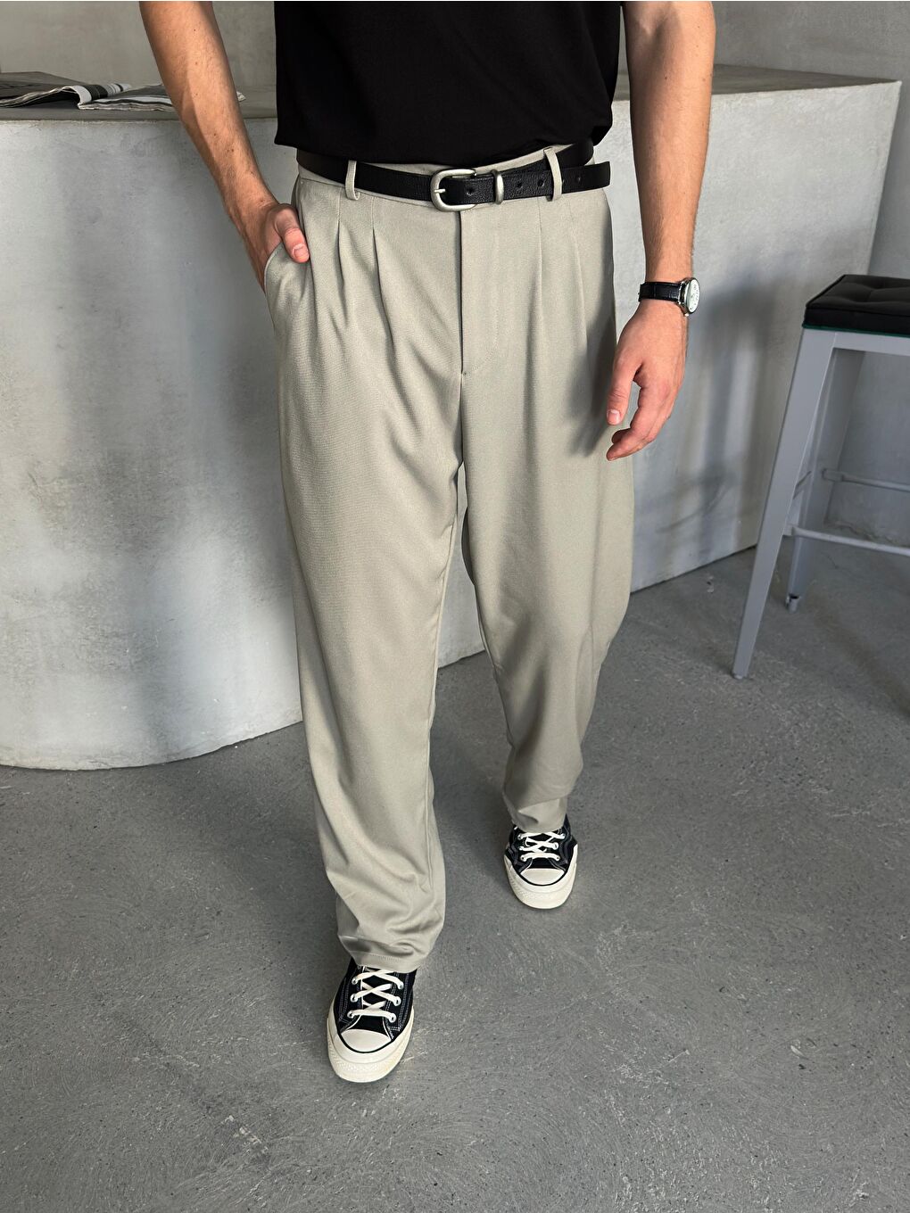 Haki Erkek Pileli Baggy Kalıp Kumaş Pantolon