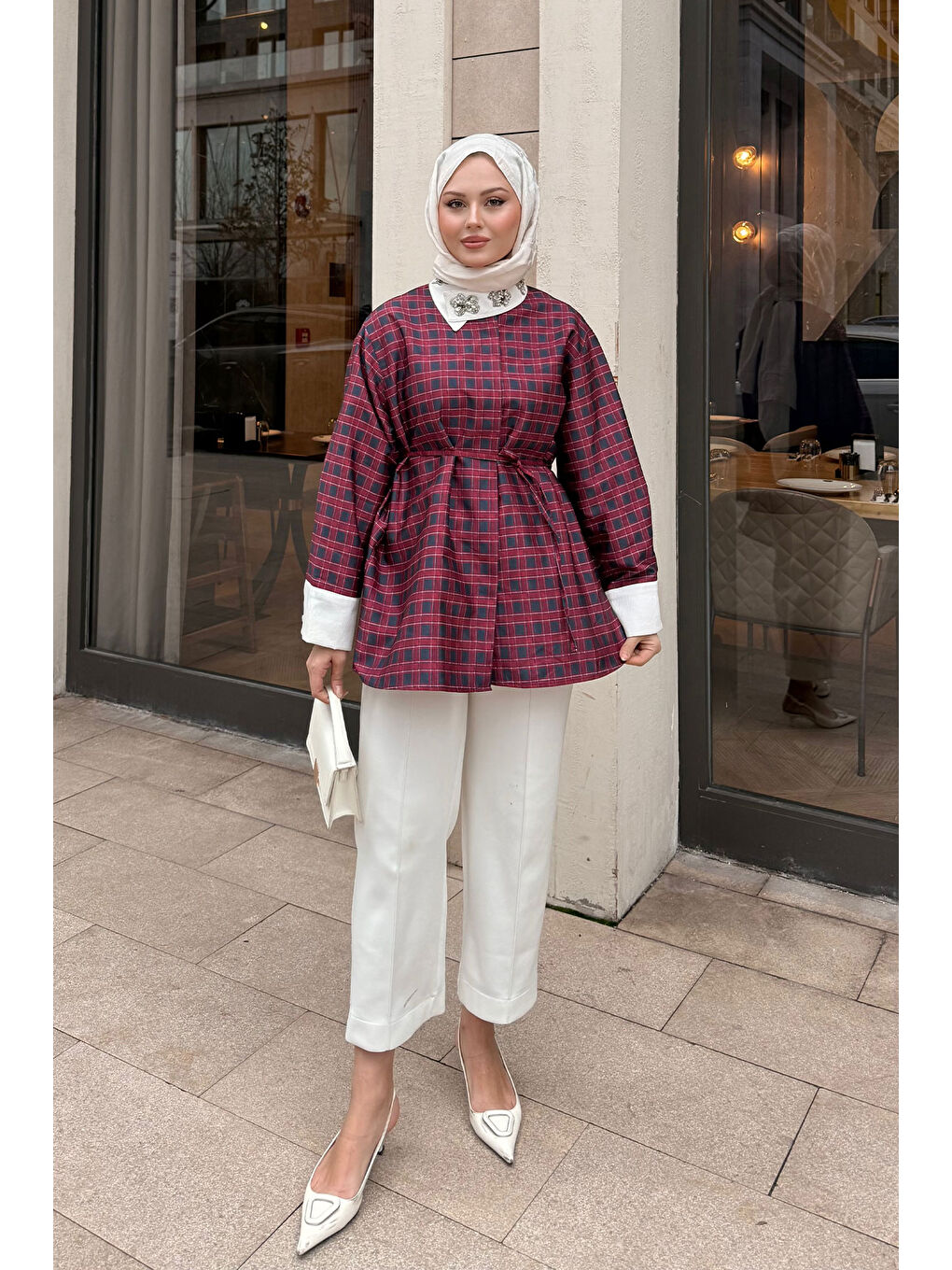 Kadın Gizli Düğmeli Bel Bağlamalı Gömlek Bordo-4