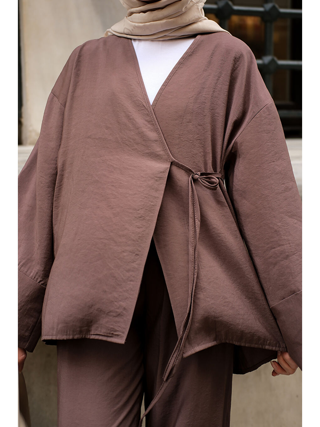 Kadın Yan Bağlamalı İkili Kimono Takım Kahverengi-4