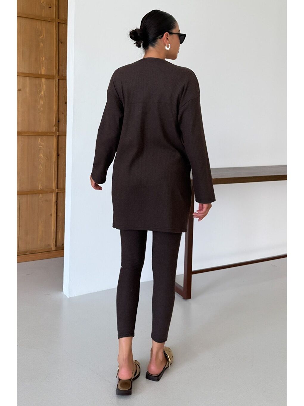 Kadın Kahverengi Askılı Atlet Tayt Hırkalı Alt-Üst Taytlı İnterlok Takım-7