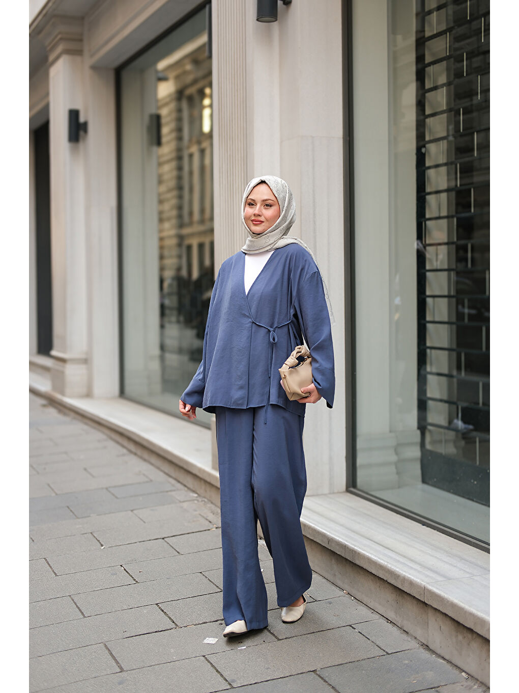 Kadın Yan Bağlamalı İkili Kimono Takım İndigo Mavi