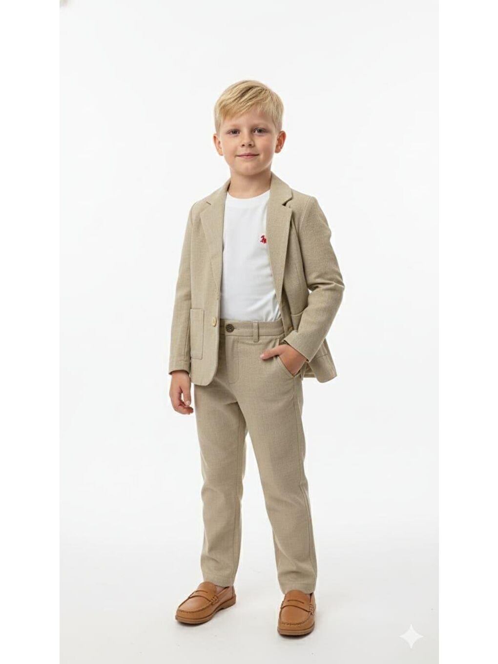 Karışık Erkek Çocuk Pamuklu Bej Blazer Takım – Ceket, Pantolon Ve T-Shirt Dahil (3'Lü Set)