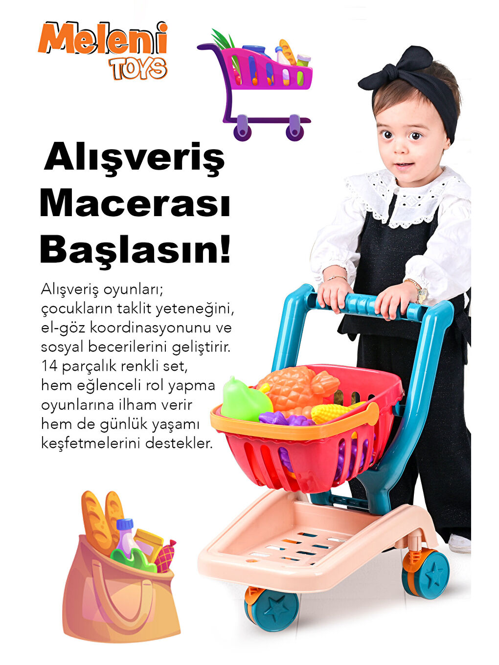 14 Parça Oyuncak Market Arabası - İlk Adım Yürüme Arkadaşı Meyve Sebze Atıştırmalık Alışveriş Sepeti-2