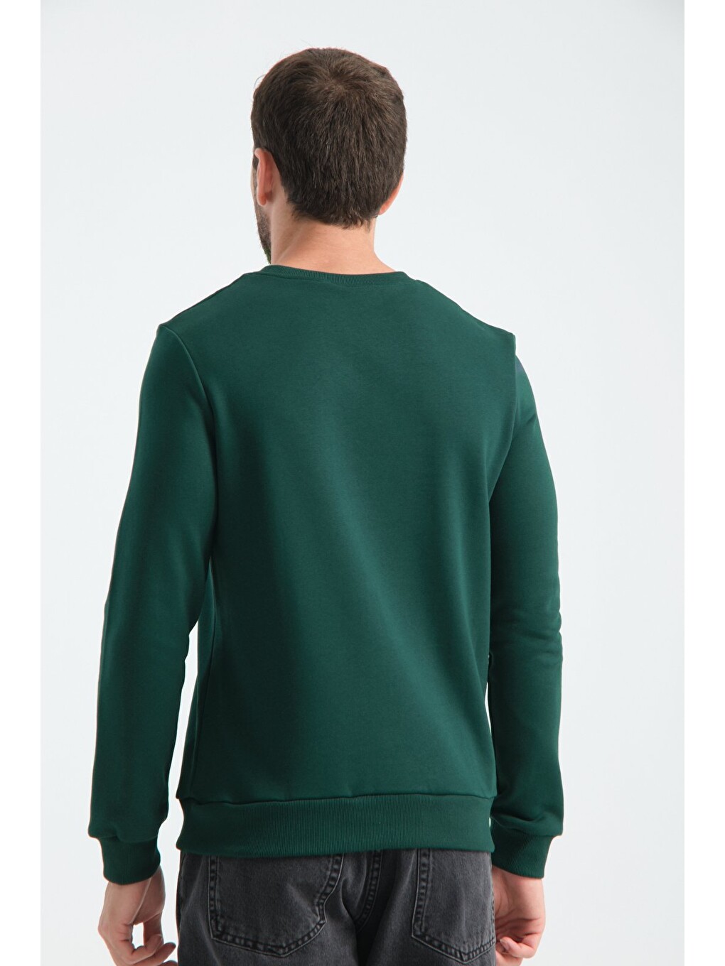 Koyu Yeşil Erkek Üç İplik Sweatshirt Regular Fit Pamuklu Bisiklet Yaka Günlük Spor Basic-6