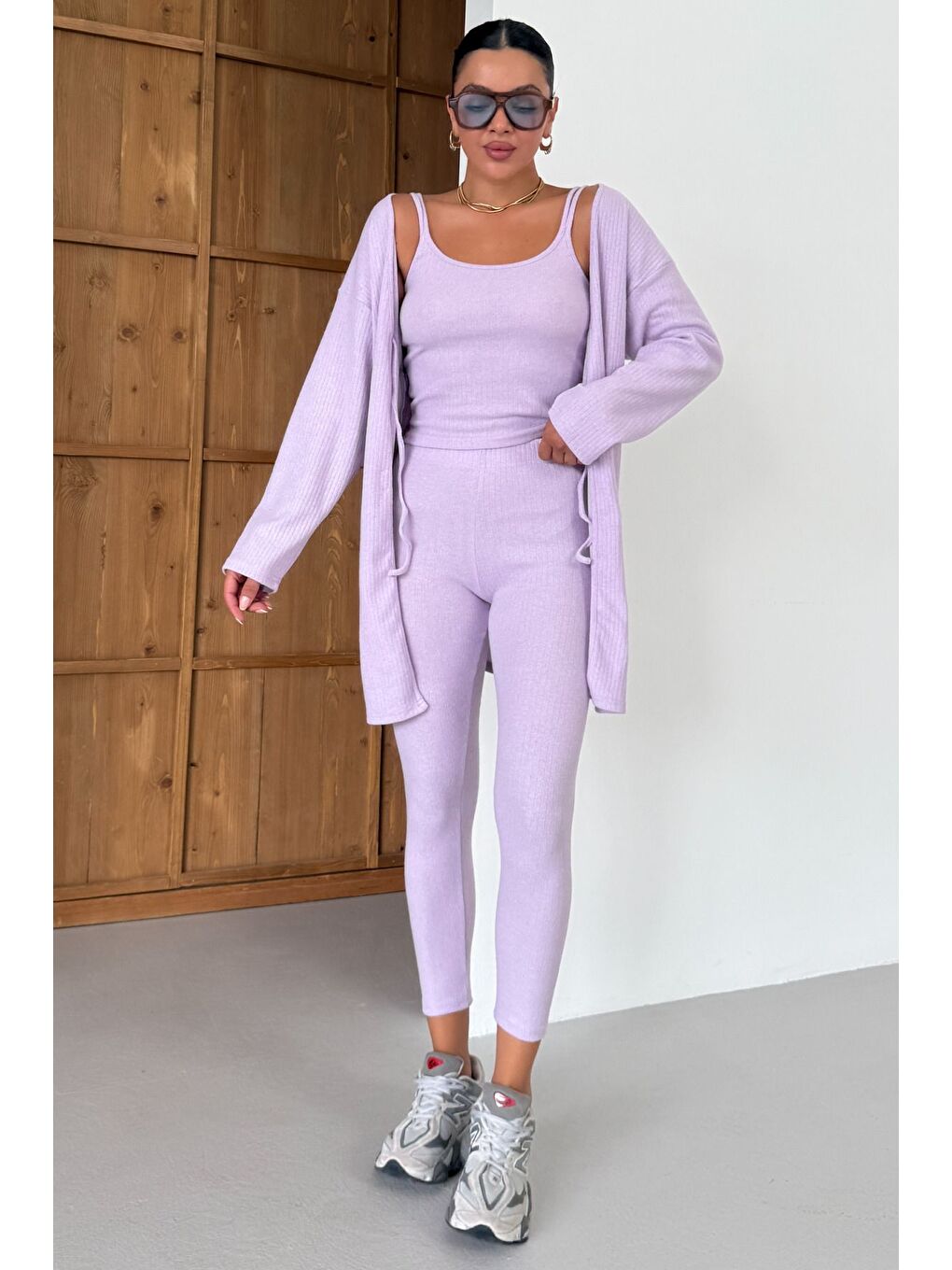 Mor Kadın Lila Askılı Atlet Tayt Hırkalı Alt-Üst Taytlı İnterlok Takım-1
