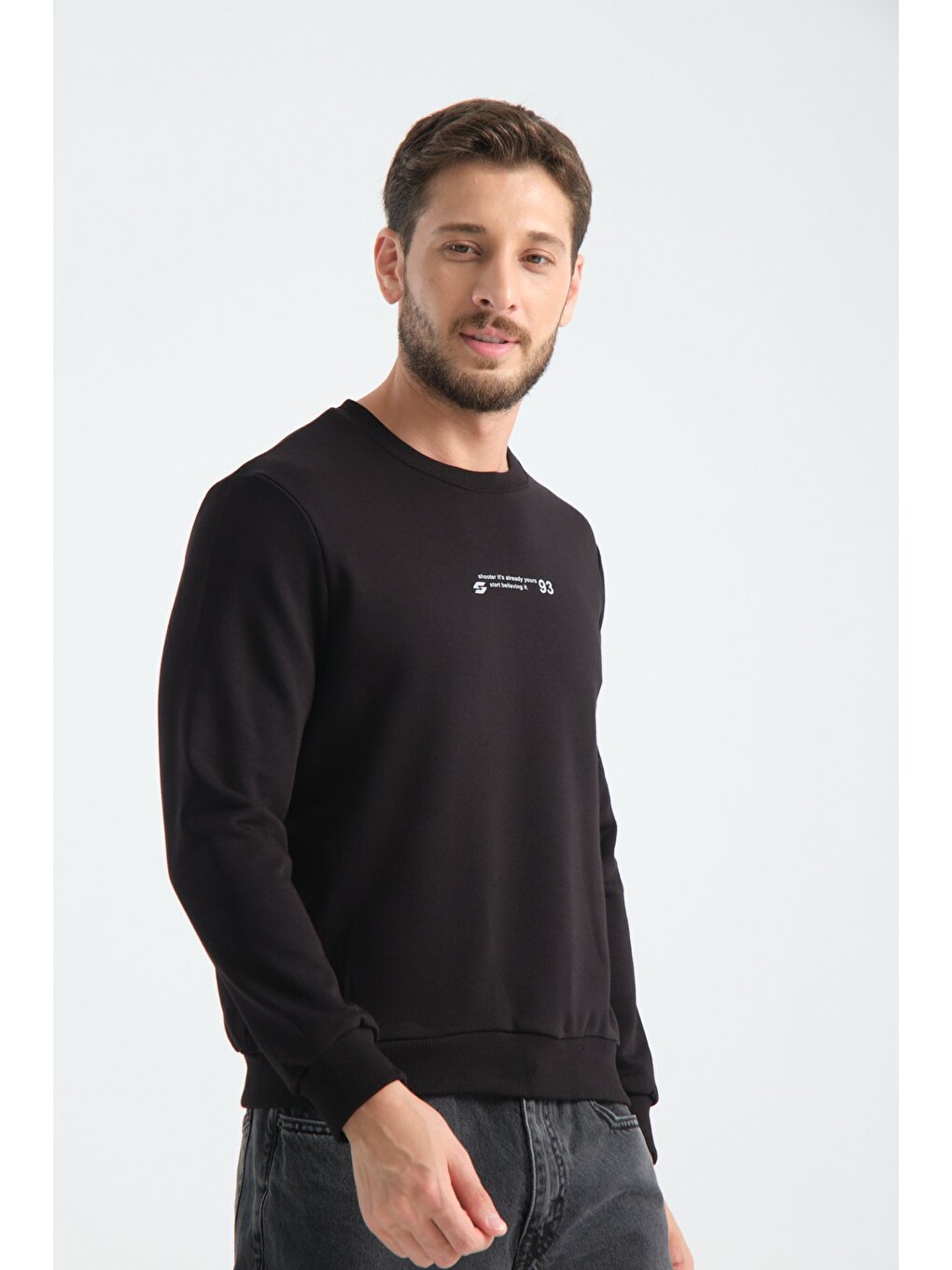 Siyah Erkek Üç İplik Sweatshirt Regular Fit Pamuklu Bisiklet Yaka Günlük Spor Basic-1