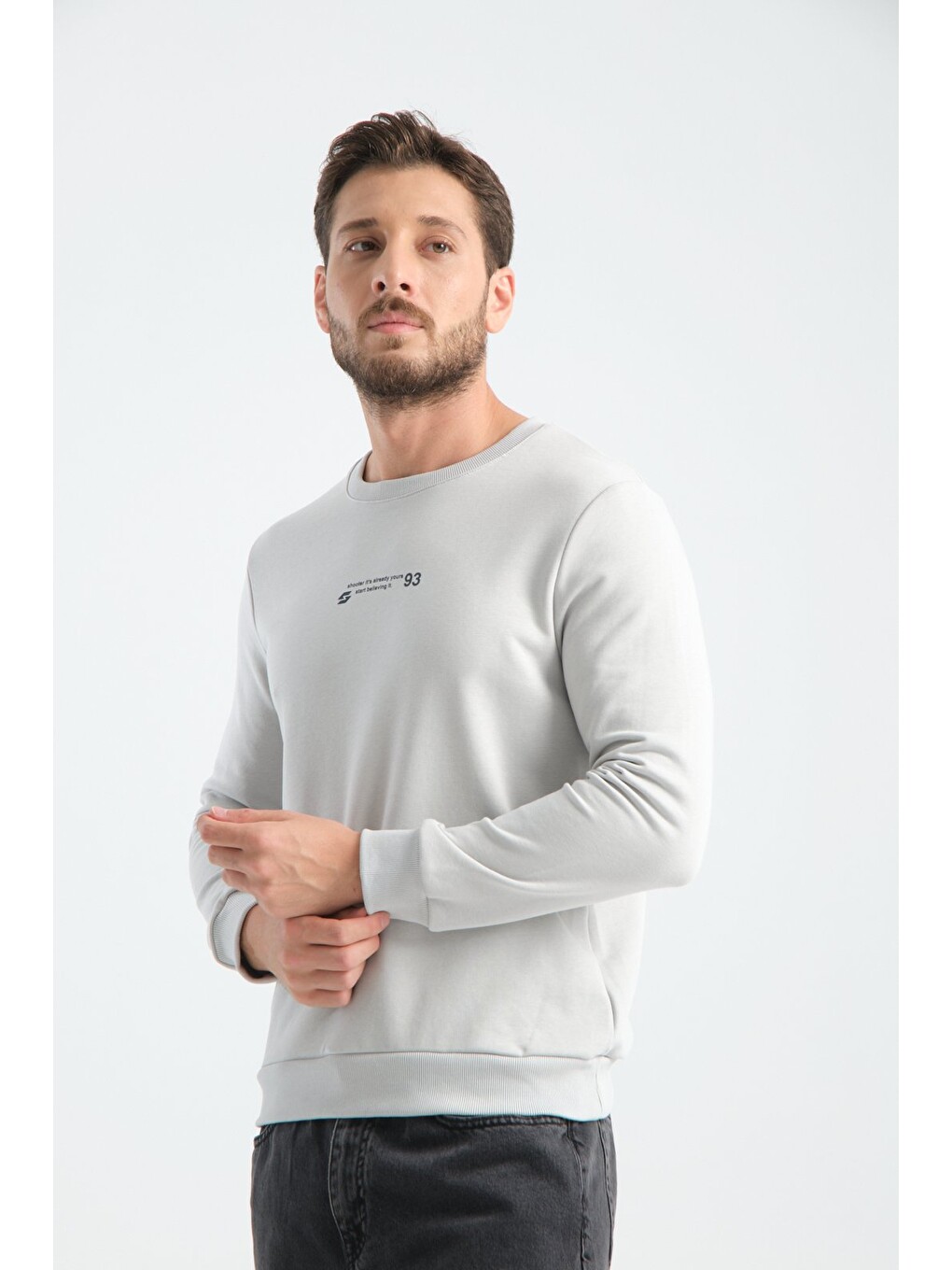 Bej Taş Erkek Üç İplik Sweatshirt Regular Fit Pamuklu Bisiklet Yaka Günlük Spor Basic