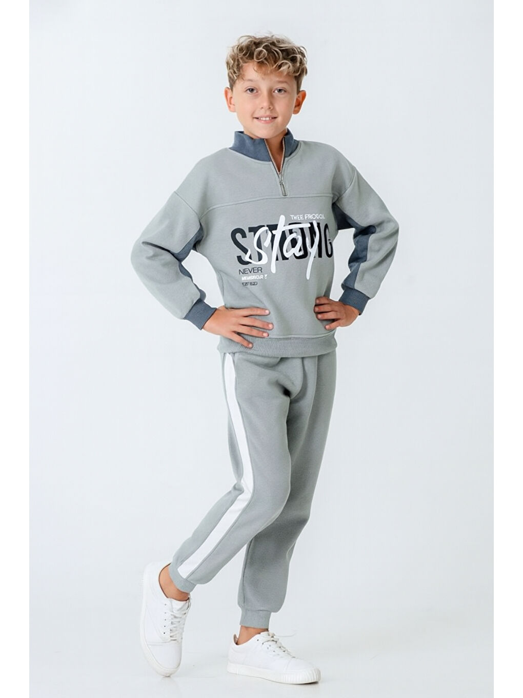 Yeşil Erkek Çocuk Brooklyn Stay Strong Baskılı 3 İplik Kalın Kışlık Eşofman Takımı Ak4225-1