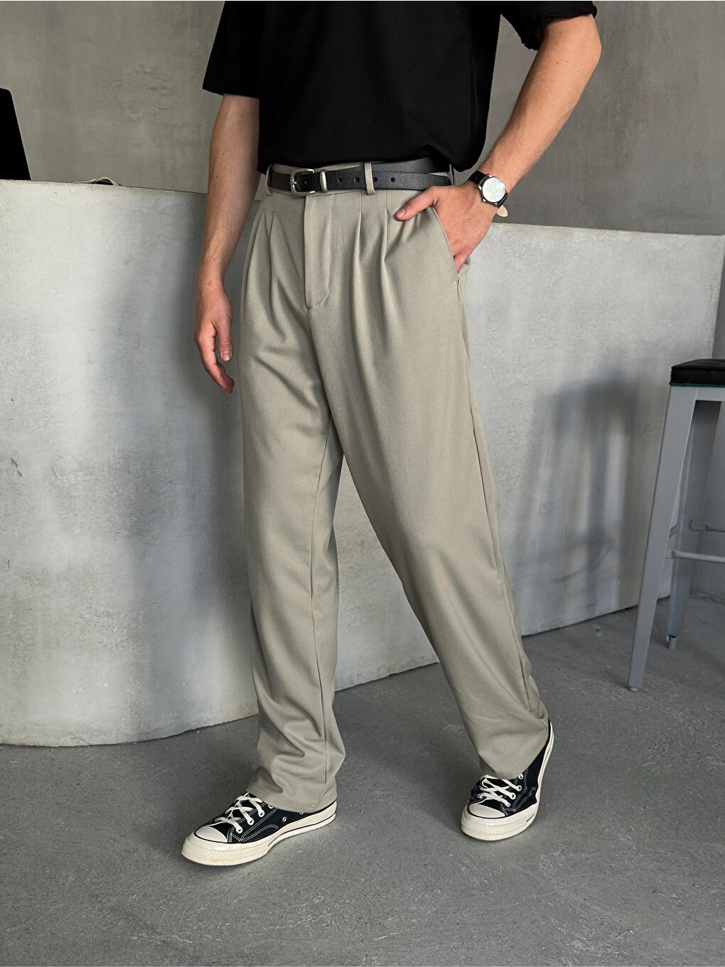 Haki Erkek Pileli Baggy Kalıp Kumaş Pantolon-1