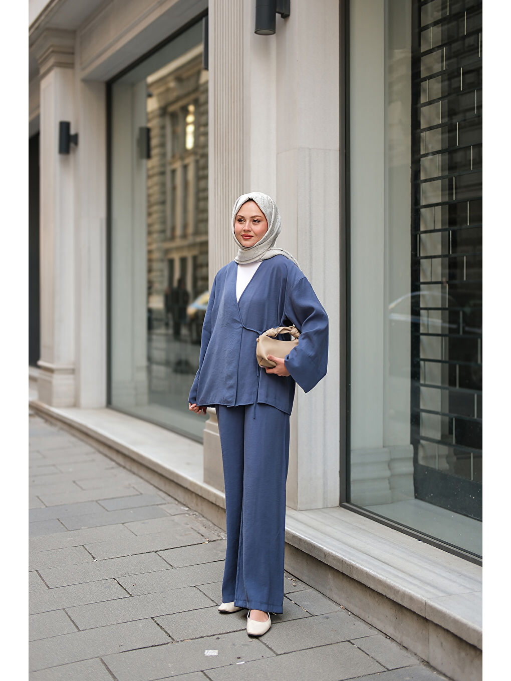 Kadın Yan Bağlamalı İkili Kimono Takım İndigo Mavi-1