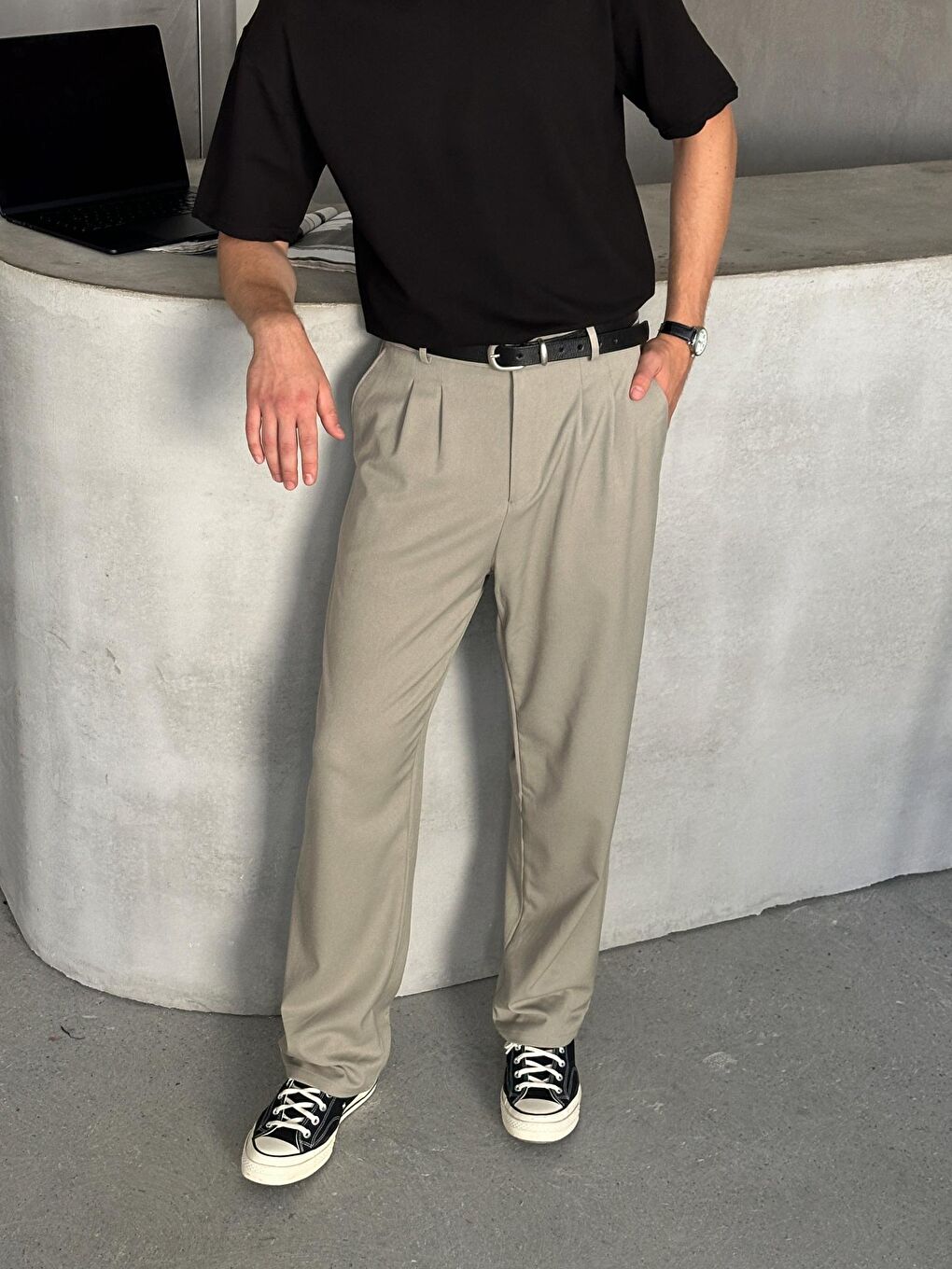 Haki Erkek Pileli Baggy Kalıp Kumaş Pantolon-2