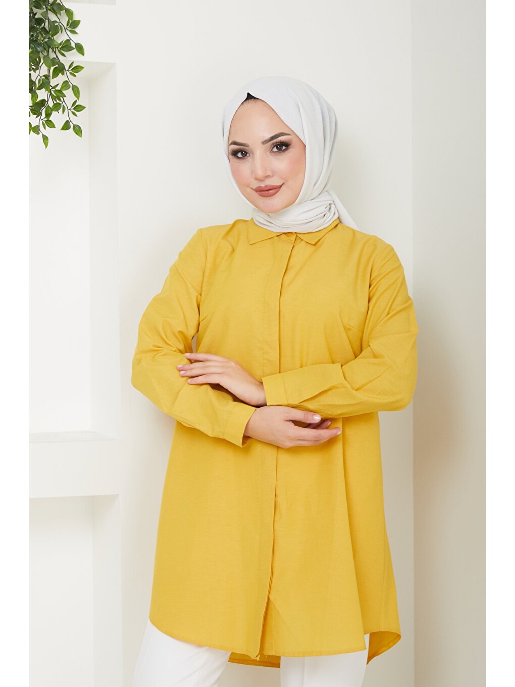Sarı Kadın Uzun Basic Hardal Polo Yaka Tesettür Gömlek Elbise-5