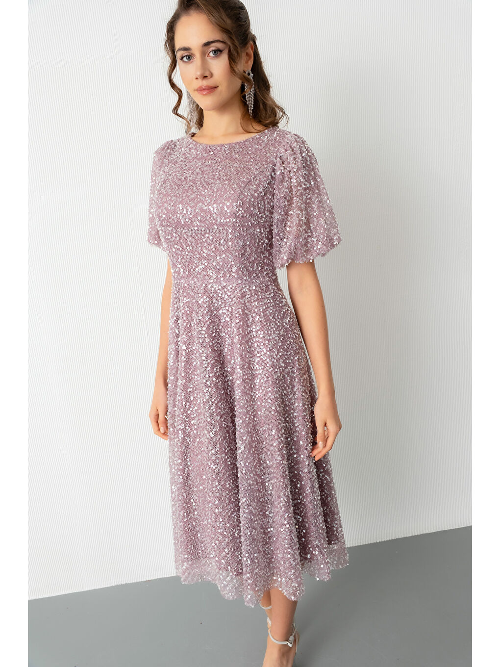 Pembe Kadın Pudra Balon Kol Pul Payet Midi Abiye Elbise-2