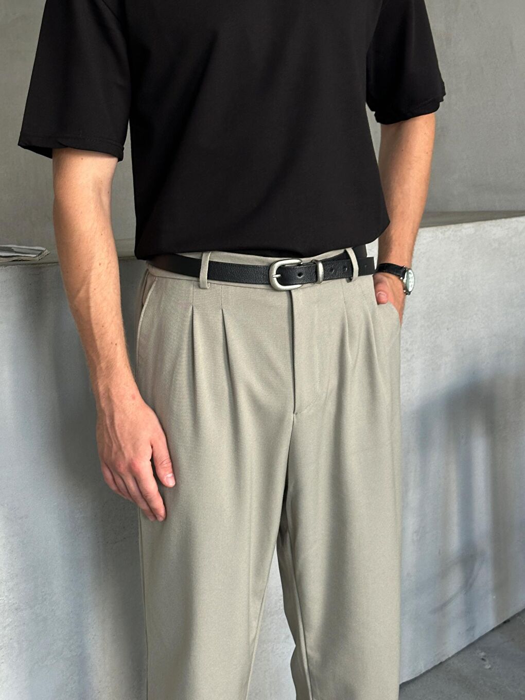 Haki Erkek Pileli Baggy Kalıp Kumaş Pantolon-3