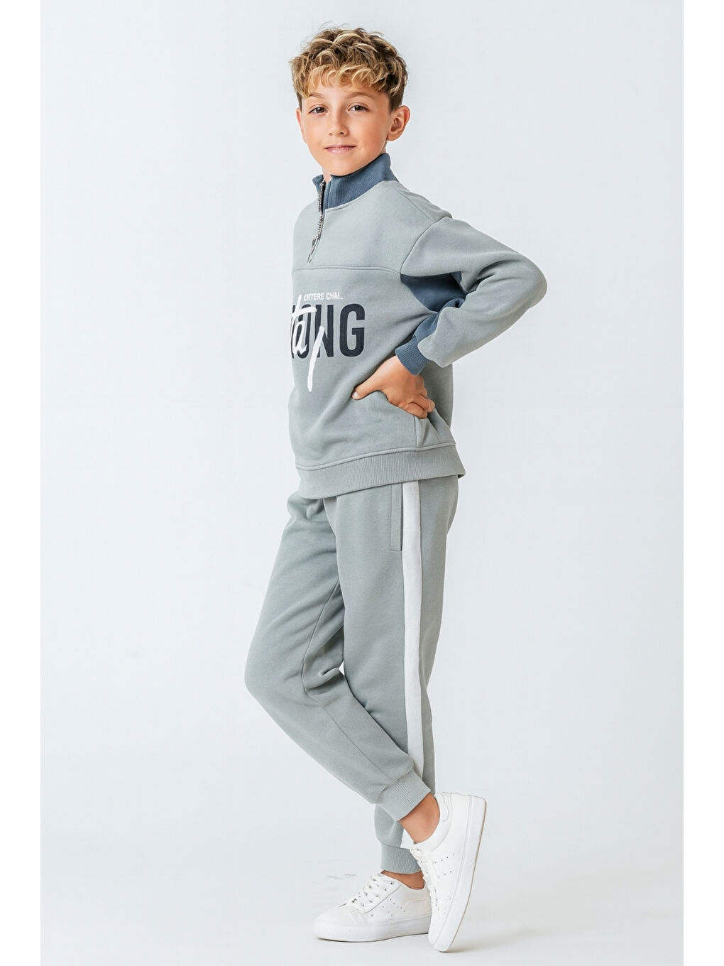 Yeşil Erkek Çocuk Brooklyn Stay Strong Baskılı 3 İplik Kalın Kışlık Eşofman Takımı Ak4225-2