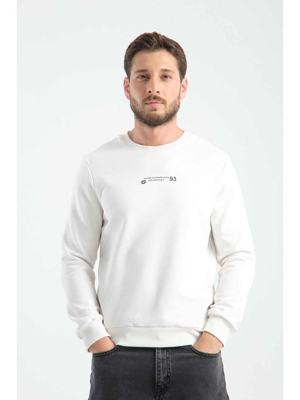 Ekru Erkek Üç İplik Sweatshirt Regular Fit Pamuklu Bisiklet Yaka Günlük Spor Basic-6