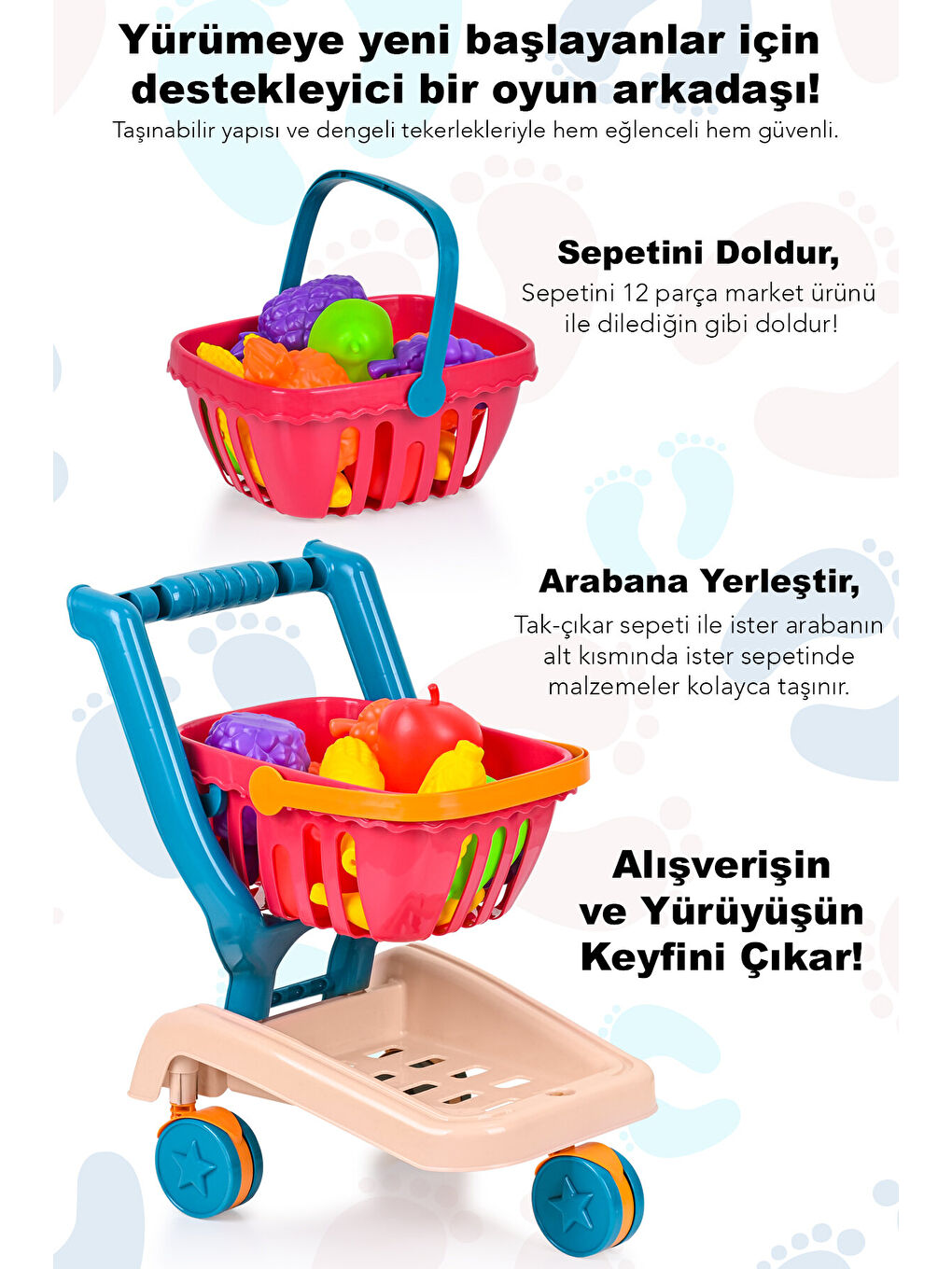 14 Parça Oyuncak Market Arabası - İlk Adım Yürüme Arkadaşı Meyve Sebze Atıştırmalık Alışveriş Sepeti-3