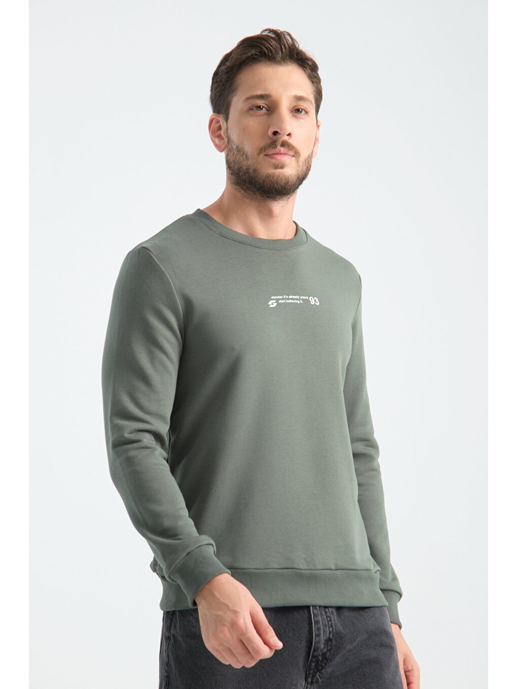 Haki Erkek Üç İplik Sweatshirt Regular Fit Pamuklu Bisiklet Yaka Günlük Spor Basic-7
