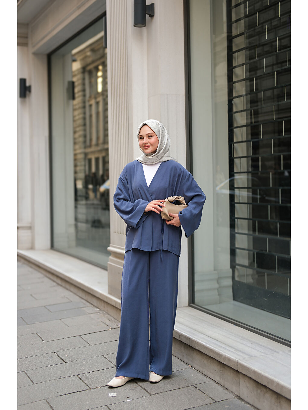 Kadın Yan Bağlamalı İkili Kimono Takım İndigo Mavi-2