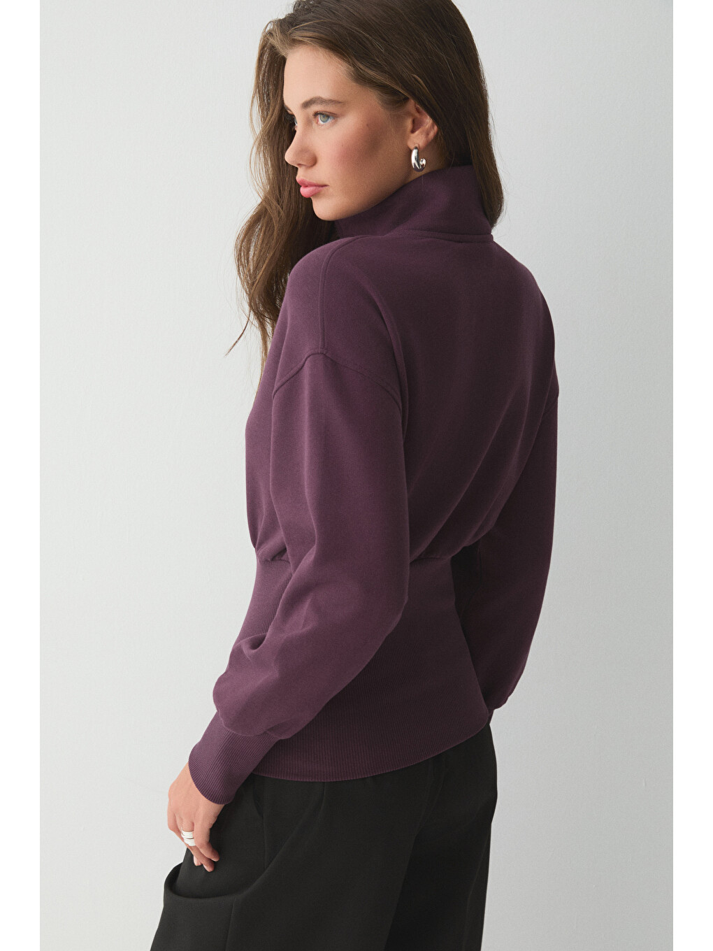 Vıvaldı Kadın Organik Pamuklu Beli Korseli Fermuarlı Mor Sweatshirt-4