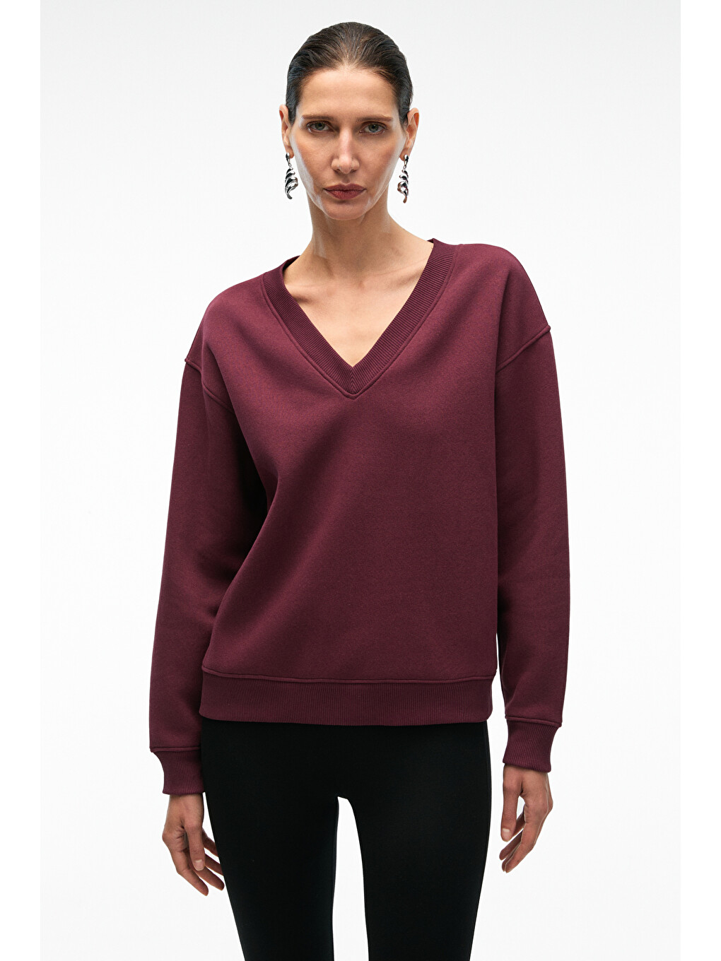 Arınel Kadın V Yaka Regular Fit Bordo Sweatshirt
