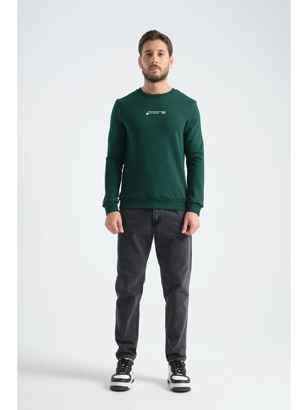 Koyu Yeşil Erkek Üç İplik Sweatshirt Regular Fit Pamuklu Bisiklet Yaka Günlük Spor Basic-7