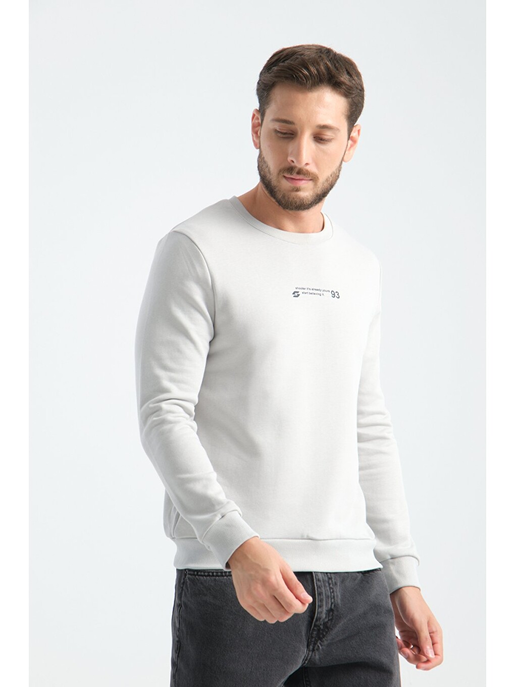 Bej Taş Erkek Üç İplik Sweatshirt Regular Fit Pamuklu Bisiklet Yaka Günlük Spor Basic-2