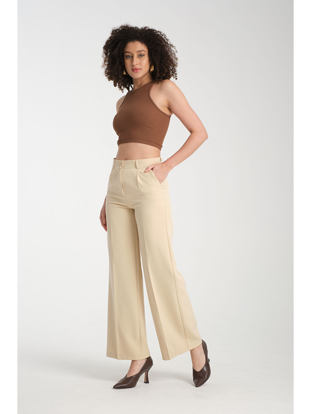 Bej Kadın Plazzo Kumaş Pantolon 2985-1