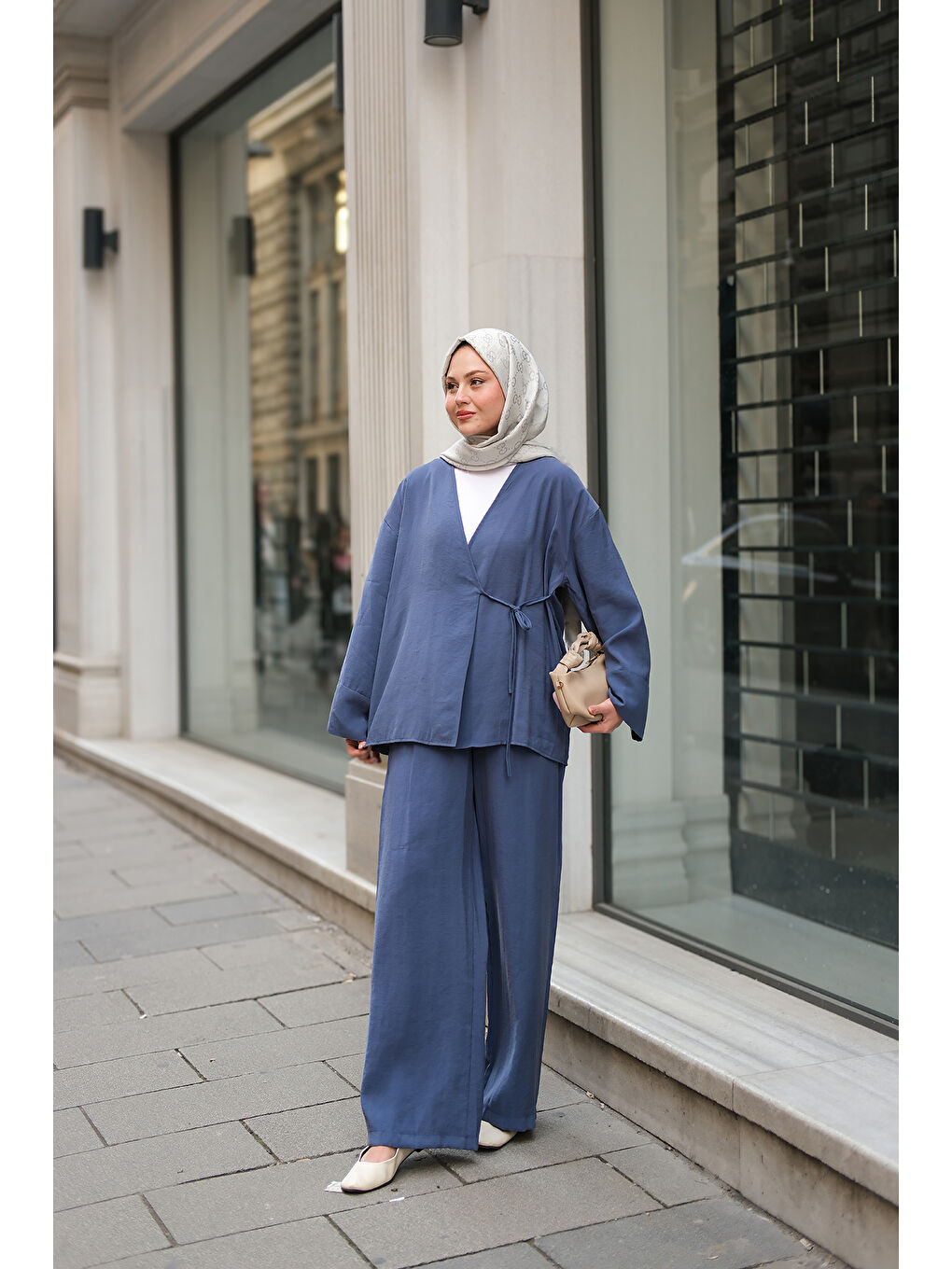 Kadın Yan Bağlamalı İkili Kimono Takım İndigo Mavi-3