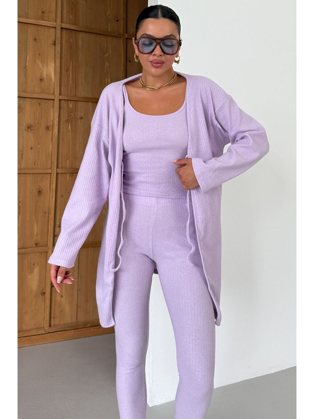Mor Kadın Lila Askılı Atlet Tayt Hırkalı Alt-Üst Taytlı İnterlok Takım-4