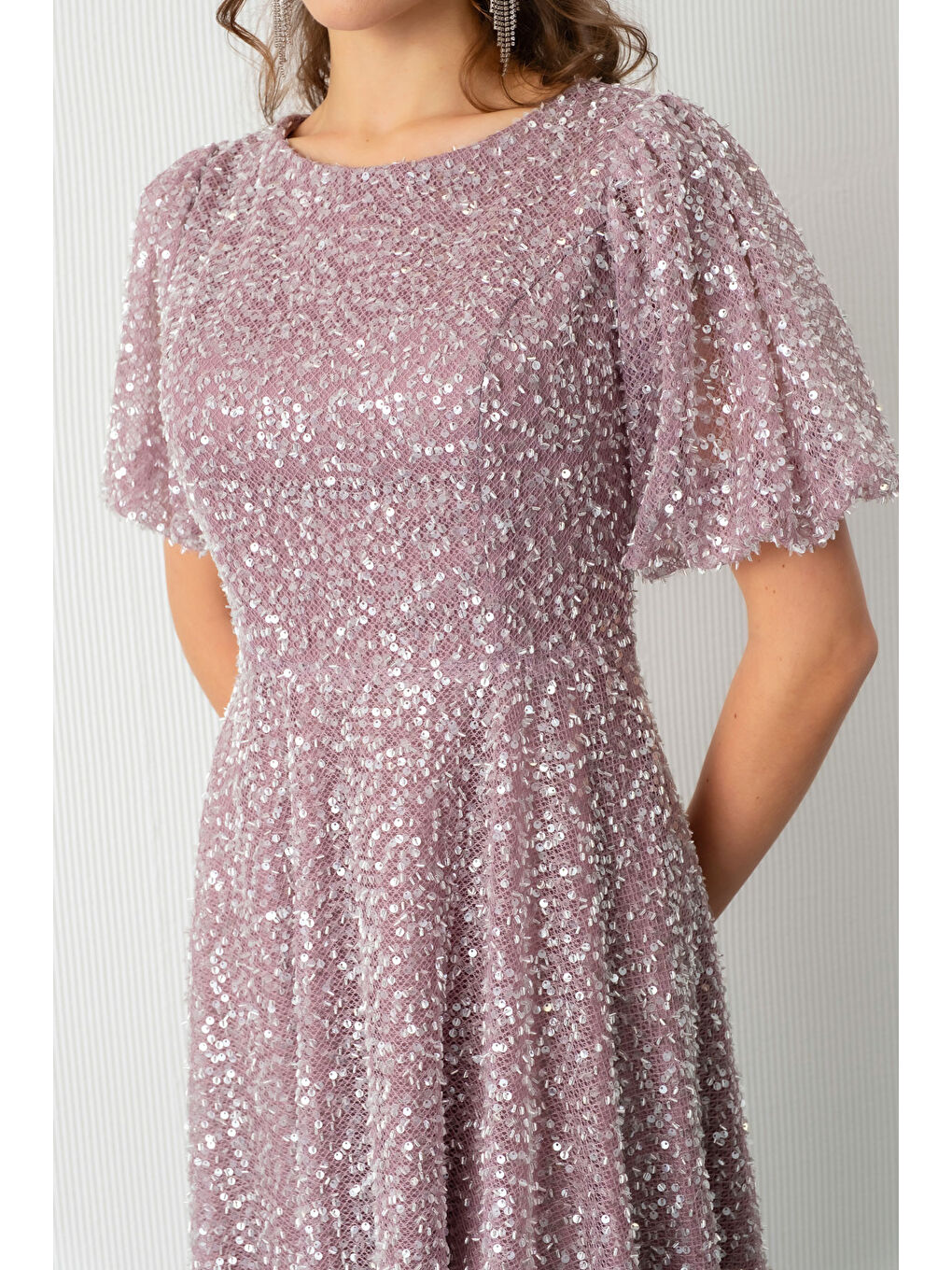 Pembe Kadın Pudra Balon Kol Pul Payet Midi Abiye Elbise-3