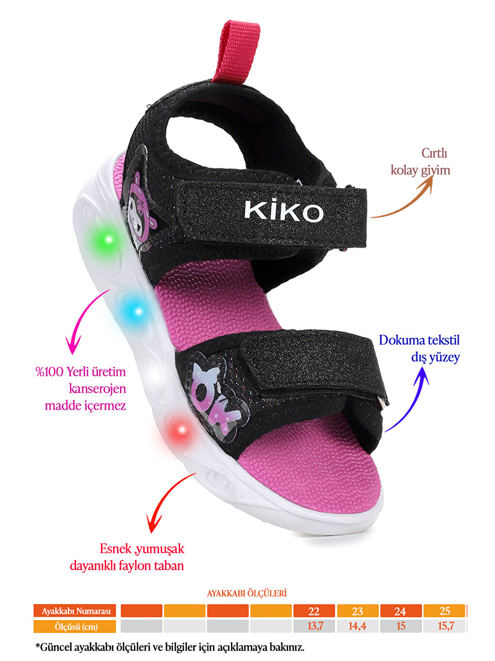 Siyah Kuruza Günlük Işıklı Cırtlı Kız Bebek Sandalet Ayakkabı-1