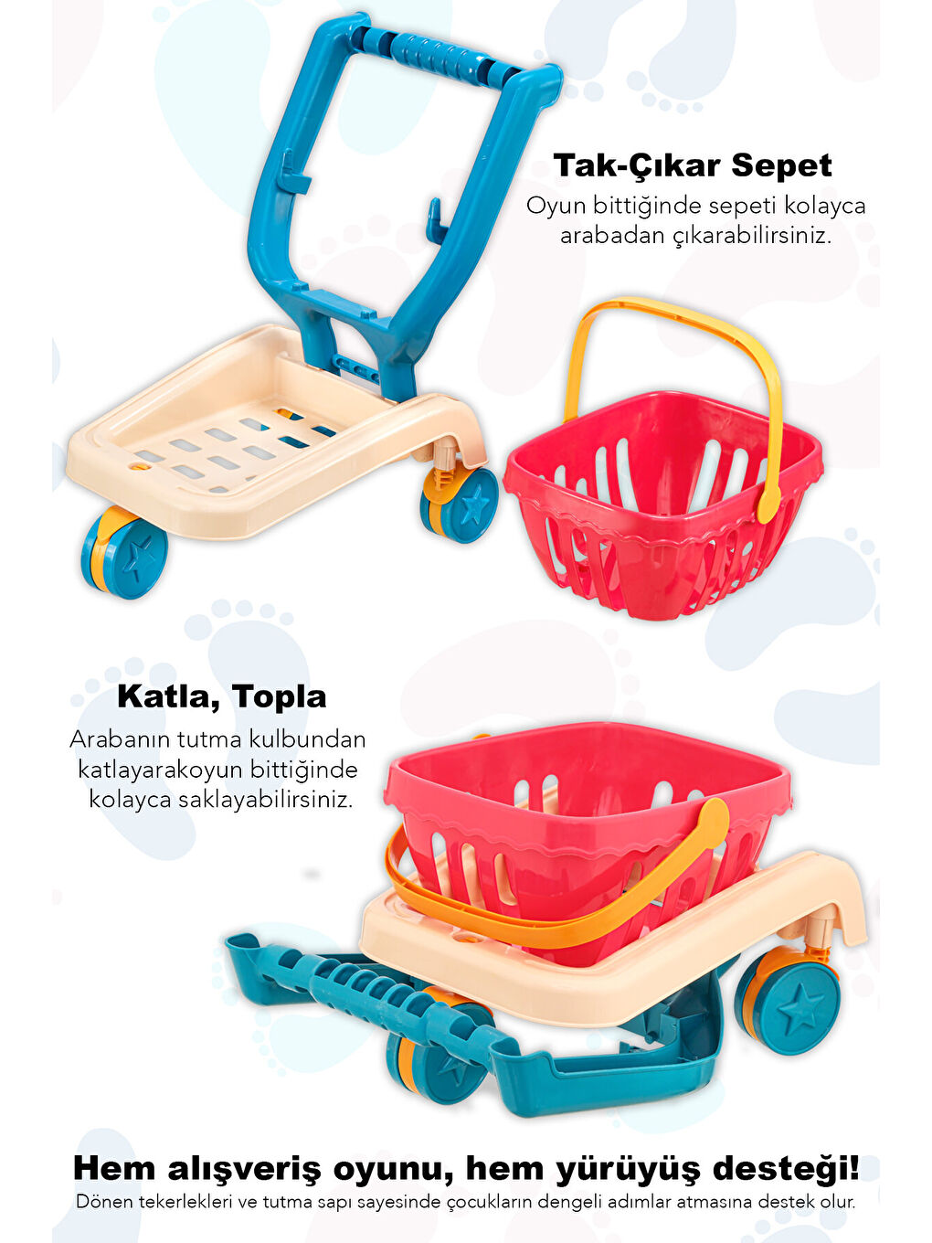 14 Parça Oyuncak Market Arabası - İlk Adım Yürüme Arkadaşı Meyve Sebze Atıştırmalık Alışveriş Sepeti-4