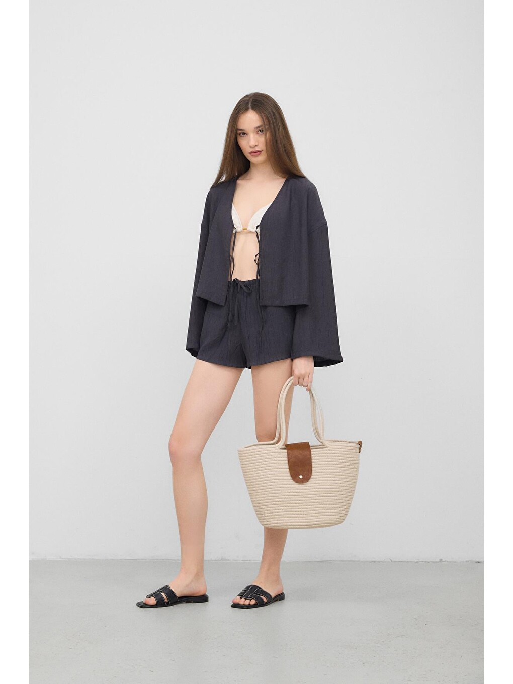 Ekru Duffy Kapaklı Handmade Hasır Tote Çanta Krem-3