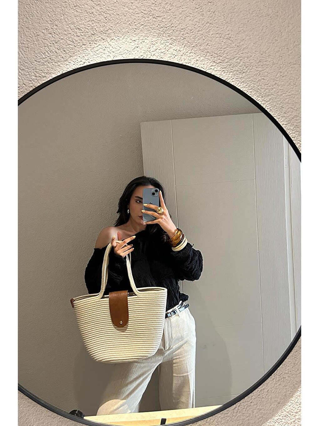 Ekru Duffy Kapaklı Handmade Hasır Tote Çanta Krem-6
