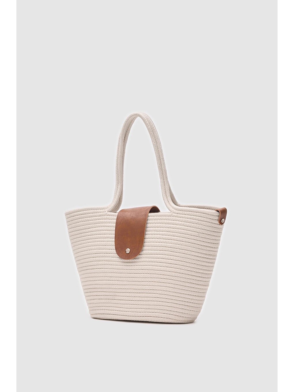 Ekru Duffy Kapaklı Handmade Hasır Tote Çanta Krem-9