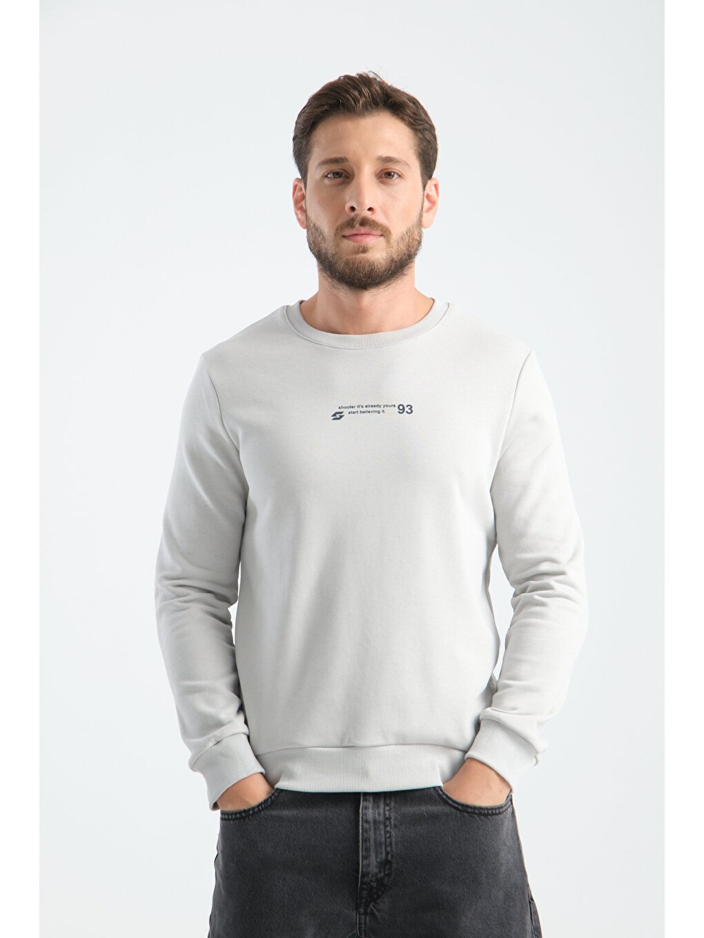 Bej Taş Erkek Üç İplik Sweatshirt Regular Fit Pamuklu Bisiklet Yaka Günlük Spor Basic-5