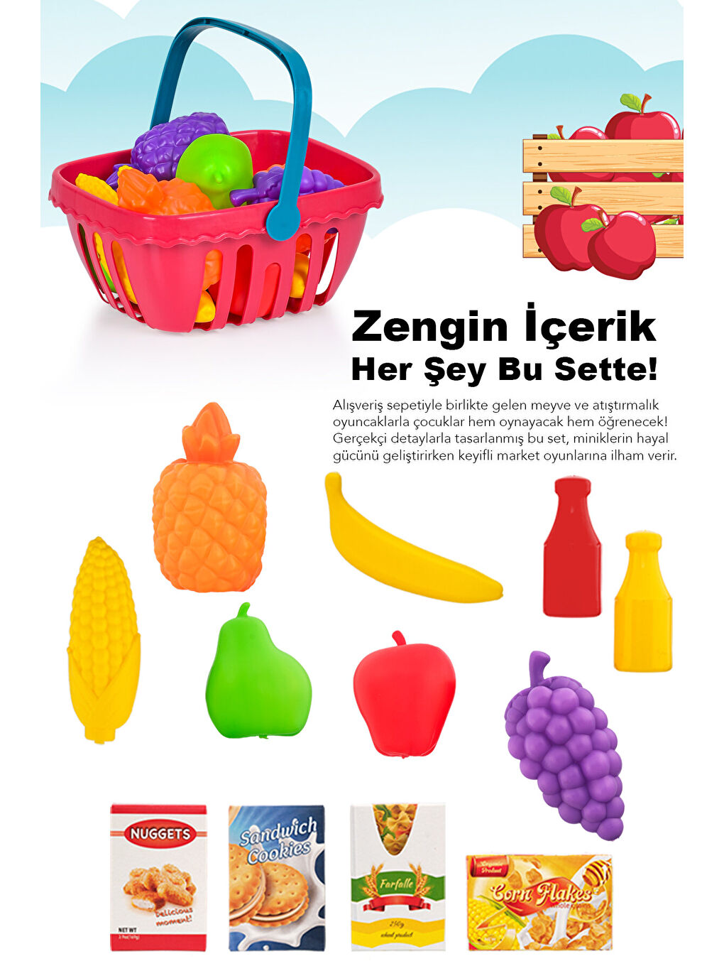 13 Parça Oyuncak Market Sepeti - Kulplu Meyve Sebze Atıştırmalık Alışveriş Sepeti-1