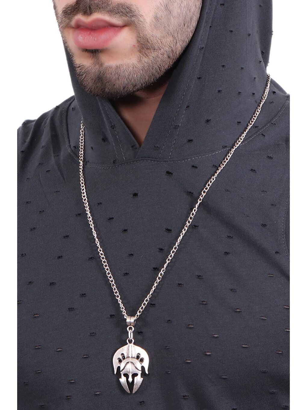 Gri ERKEK ANTİK GÜMÜŞ KAPLAMA MİĞFER SİMGE UÇLU KOLYE-3