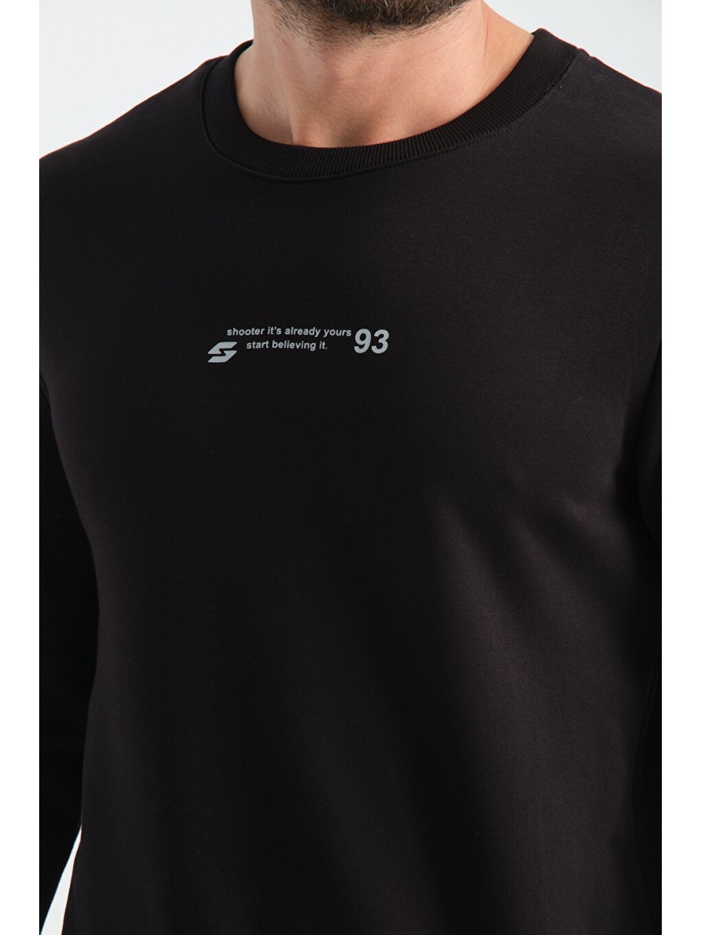 Siyah Erkek Üç İplik Sweatshirt Regular Fit Pamuklu Bisiklet Yaka Günlük Spor Basic-2