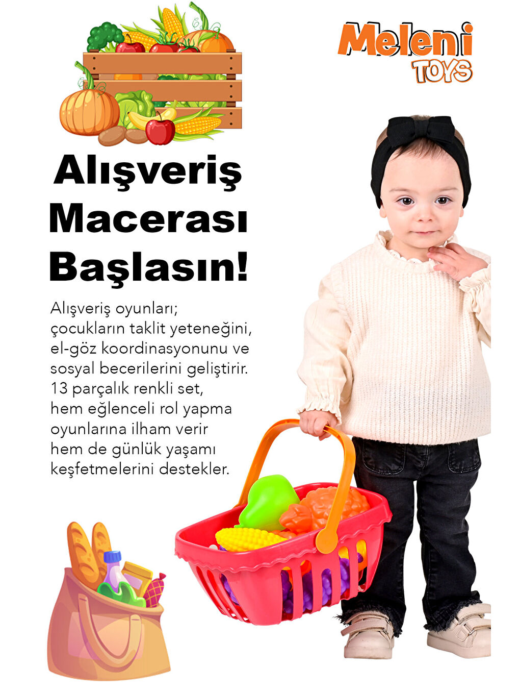 13 Parça Oyuncak Market Sepeti - Kulplu Meyve Sebze Atıştırmalık Alışveriş Sepeti-2