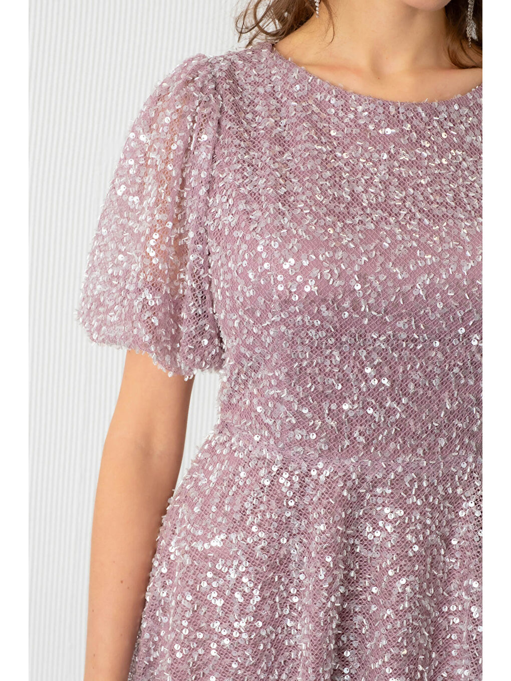 Pembe Kadın Pudra Balon Kol Pul Payet Midi Abiye Elbise-4