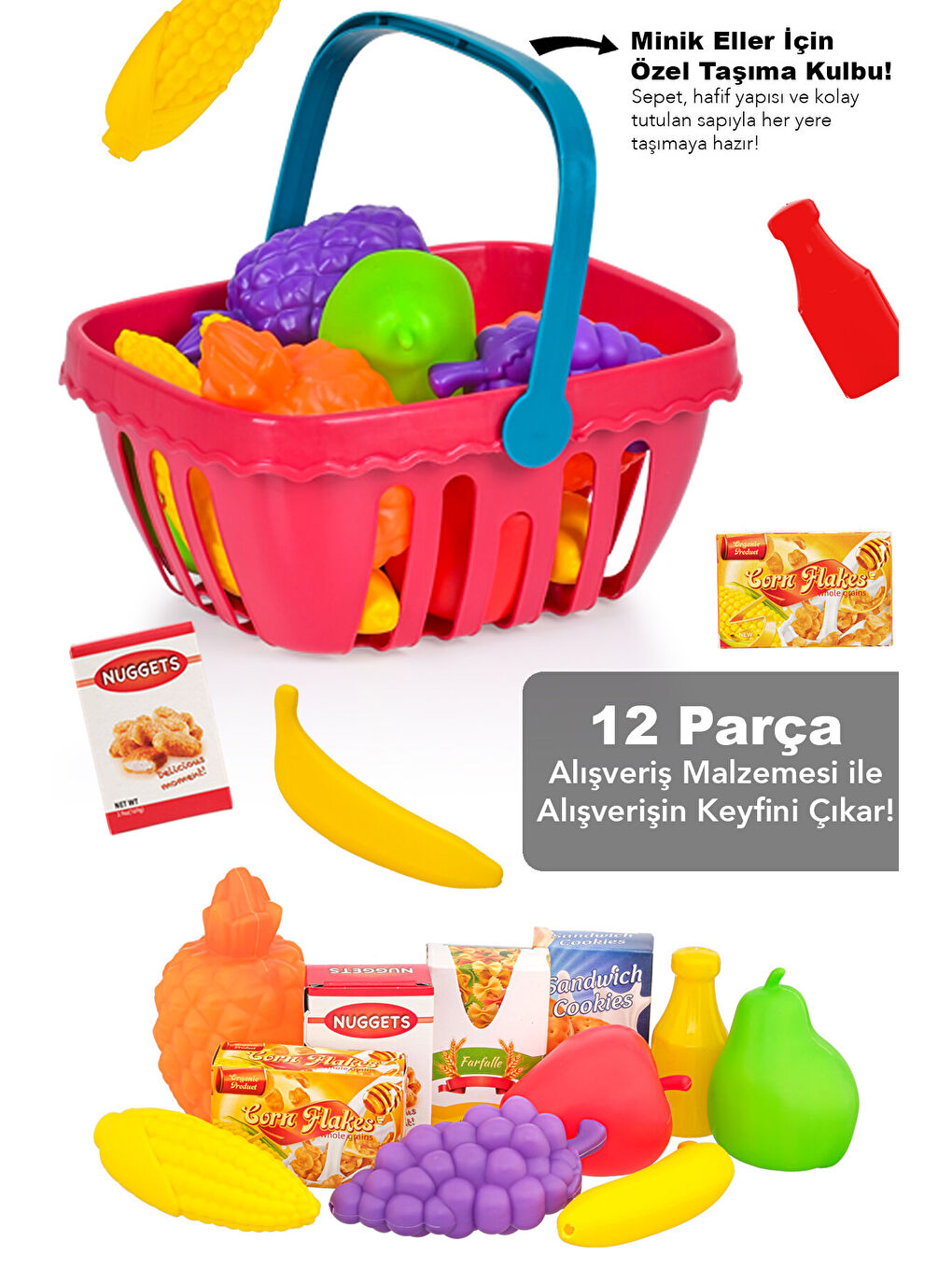 13 Parça Oyuncak Market Sepeti - Kulplu Meyve Sebze Atıştırmalık Alışveriş Sepeti-3