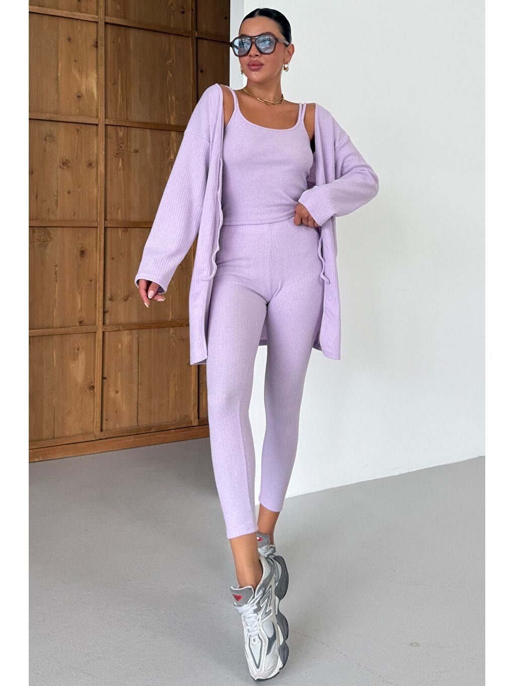 Mor Kadın Lila Askılı Atlet Tayt Hırkalı Alt-Üst Taytlı İnterlok Takım-7
