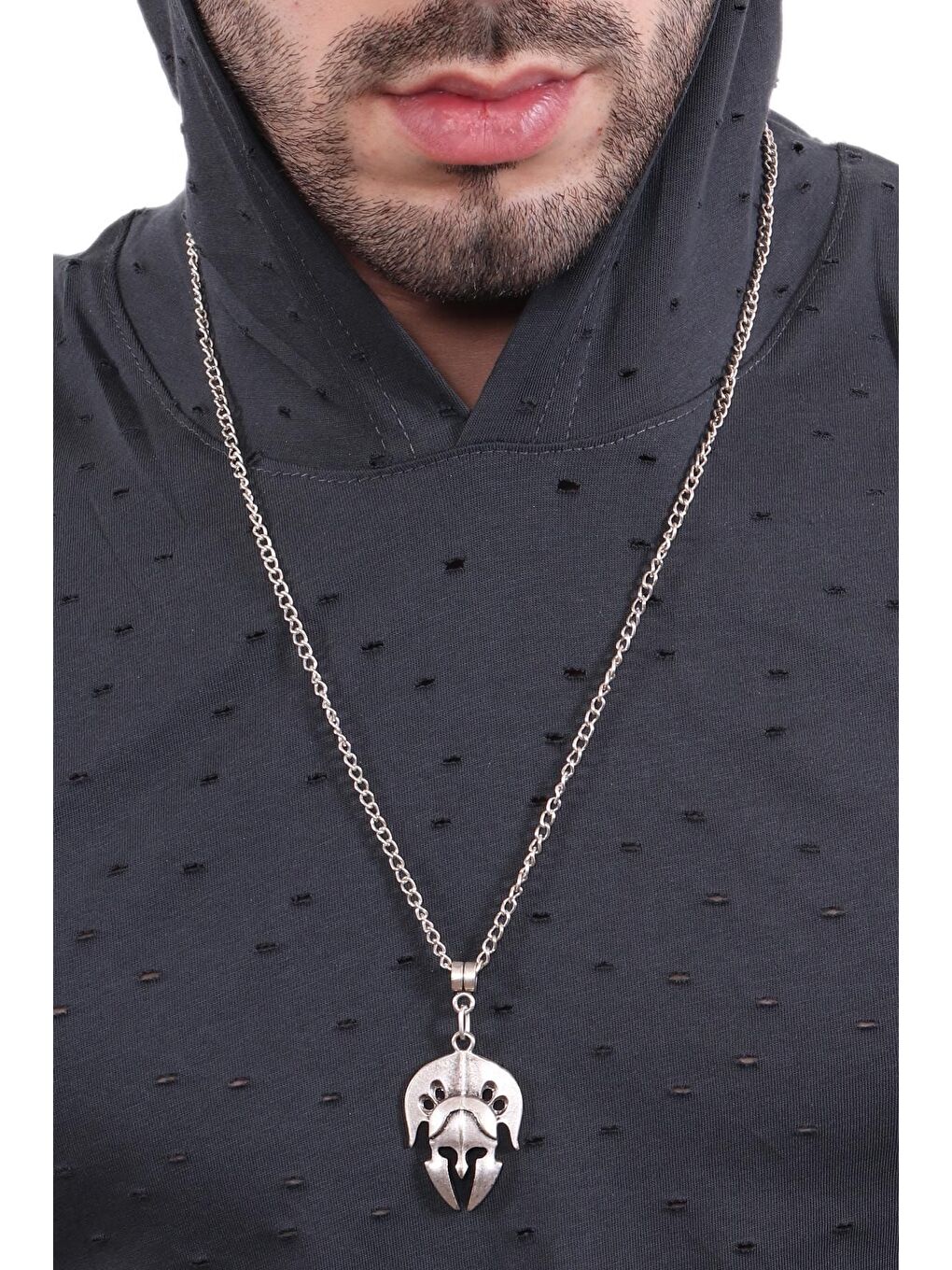 Gri ERKEK ANTİK GÜMÜŞ KAPLAMA MİĞFER SİMGE UÇLU KOLYE-4