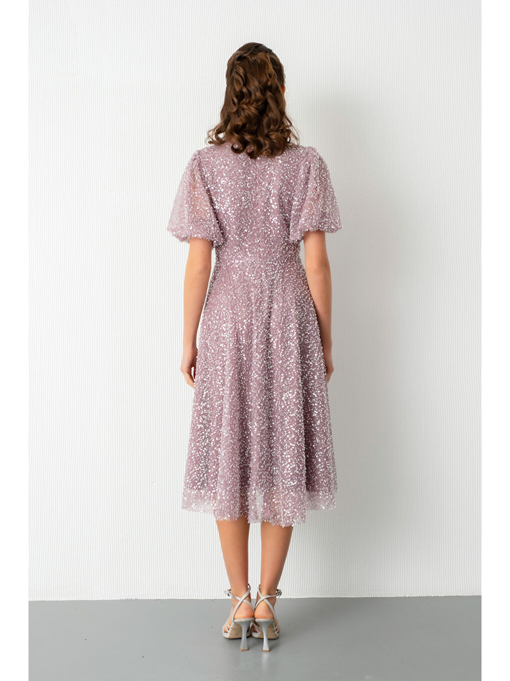 Pembe Kadın Pudra Balon Kol Pul Payet Midi Abiye Elbise-5