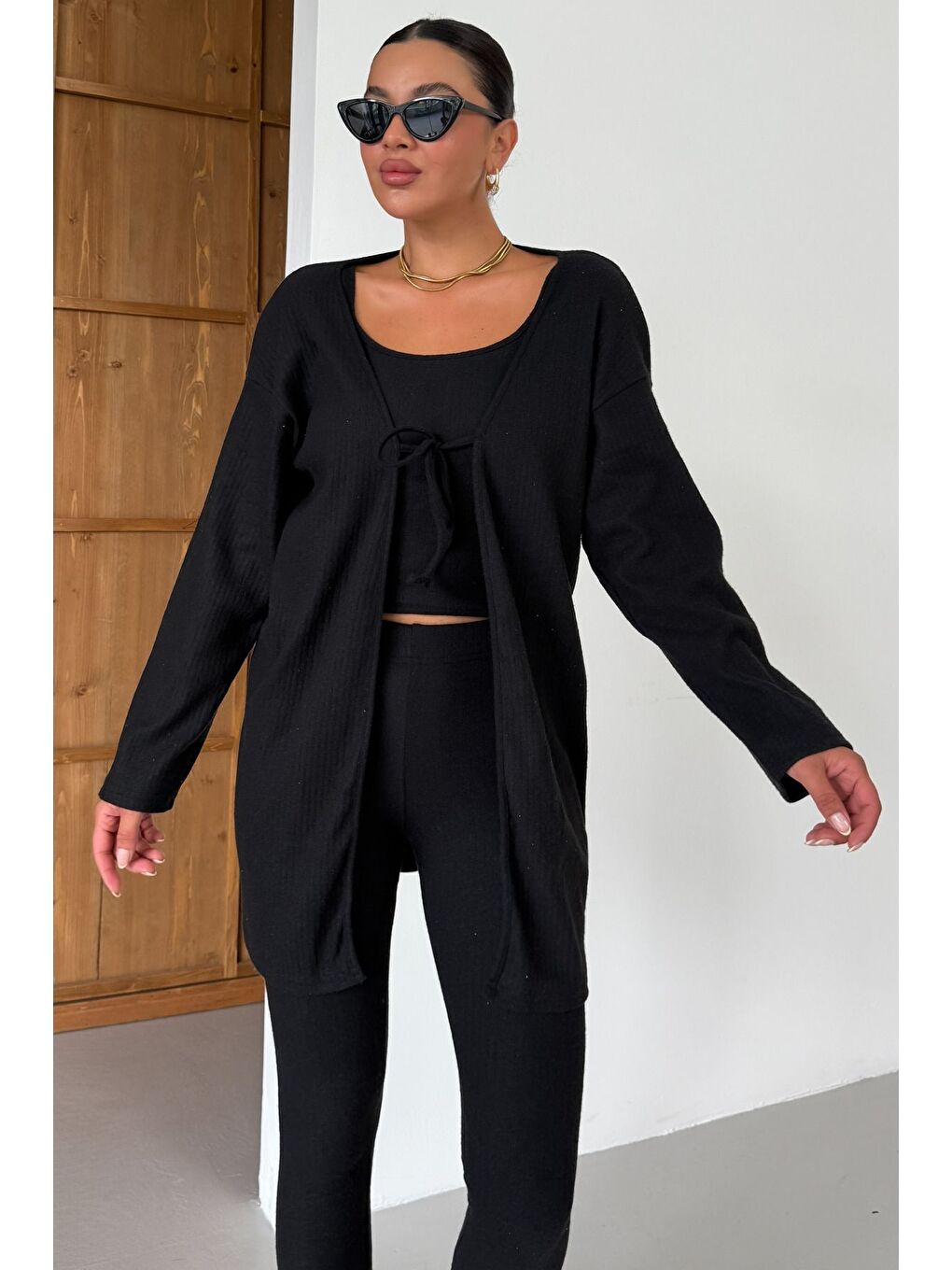 Kadın Siyah Askılı Atlet Tayt Hırkalı Alt-Üst Taytlı İnterlok Takım-3