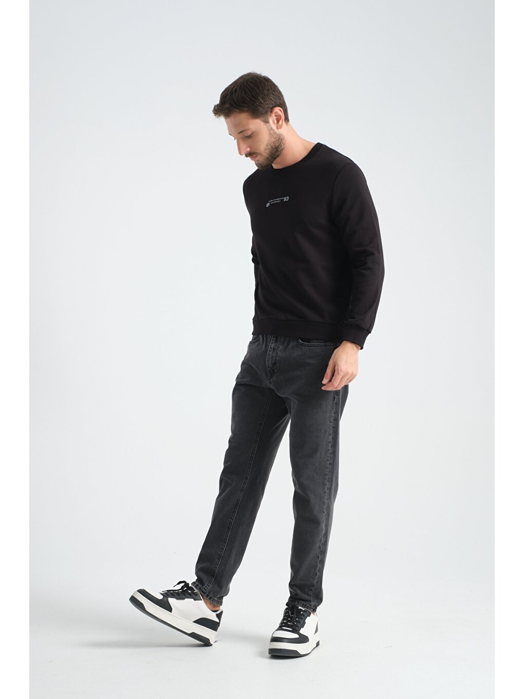 Siyah Erkek Üç İplik Sweatshirt Regular Fit Pamuklu Bisiklet Yaka Günlük Spor Basic-3
